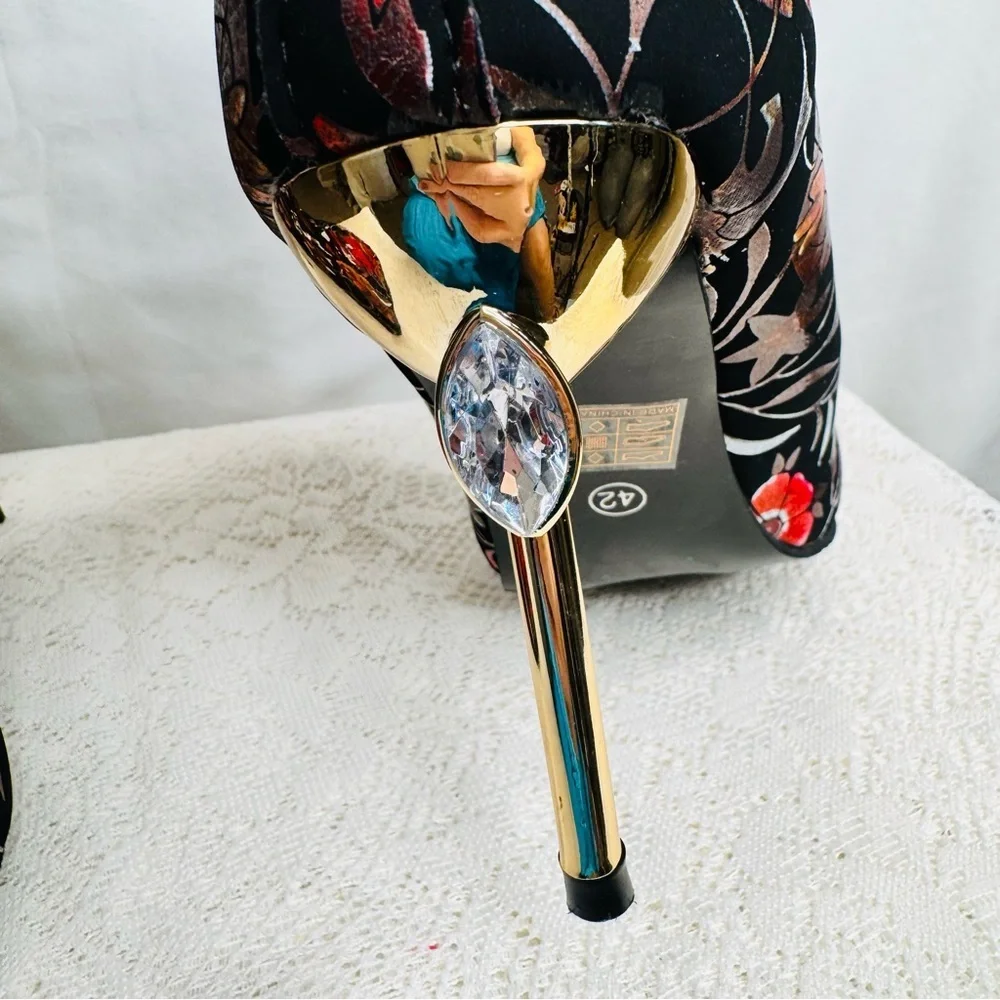 Floral Velvet Rhinestone Ankle Boots Sz 42 (US 10.5) Statement Stiletto Heel - Picture 15 of 16